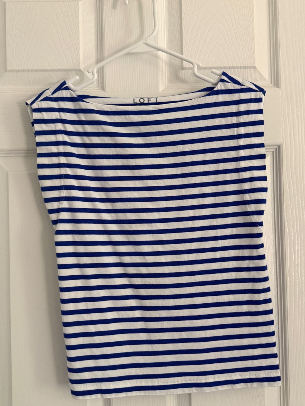 LOFT White and Blue Striped Boatneck Tee